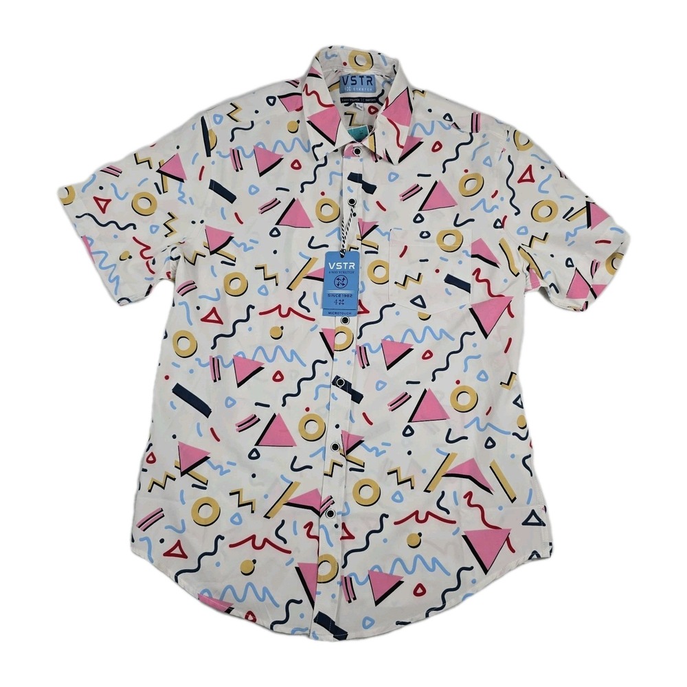 VSTR 90s Retro Print 4 Way Stretch Mens Large Microtouch Button Up Shirt NEW